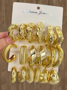 Twisted Tire Pattern Irregular C-Shaped Earrings Set, Unisex Exaggerated Sexy Metal Party Jewelry, Trendy Jewelry, Unique Fashion Accessories