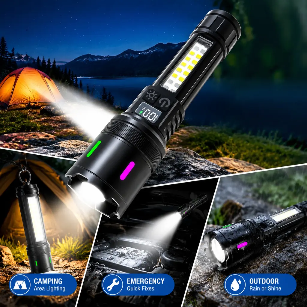 Portable Outdoor Camping Flashlight, Telescopic Zoom LED Torch with Side Illumination, Long Lasting Rechargeable Flashlight for Emergency Backpacking