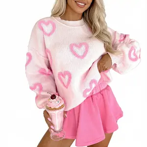 Asvivid Women's Heart Shape Bubble Sleeve Baggy Sweater Casual Knitwear Valentine Day Outfit Loose Pullover Tops Womenswear
