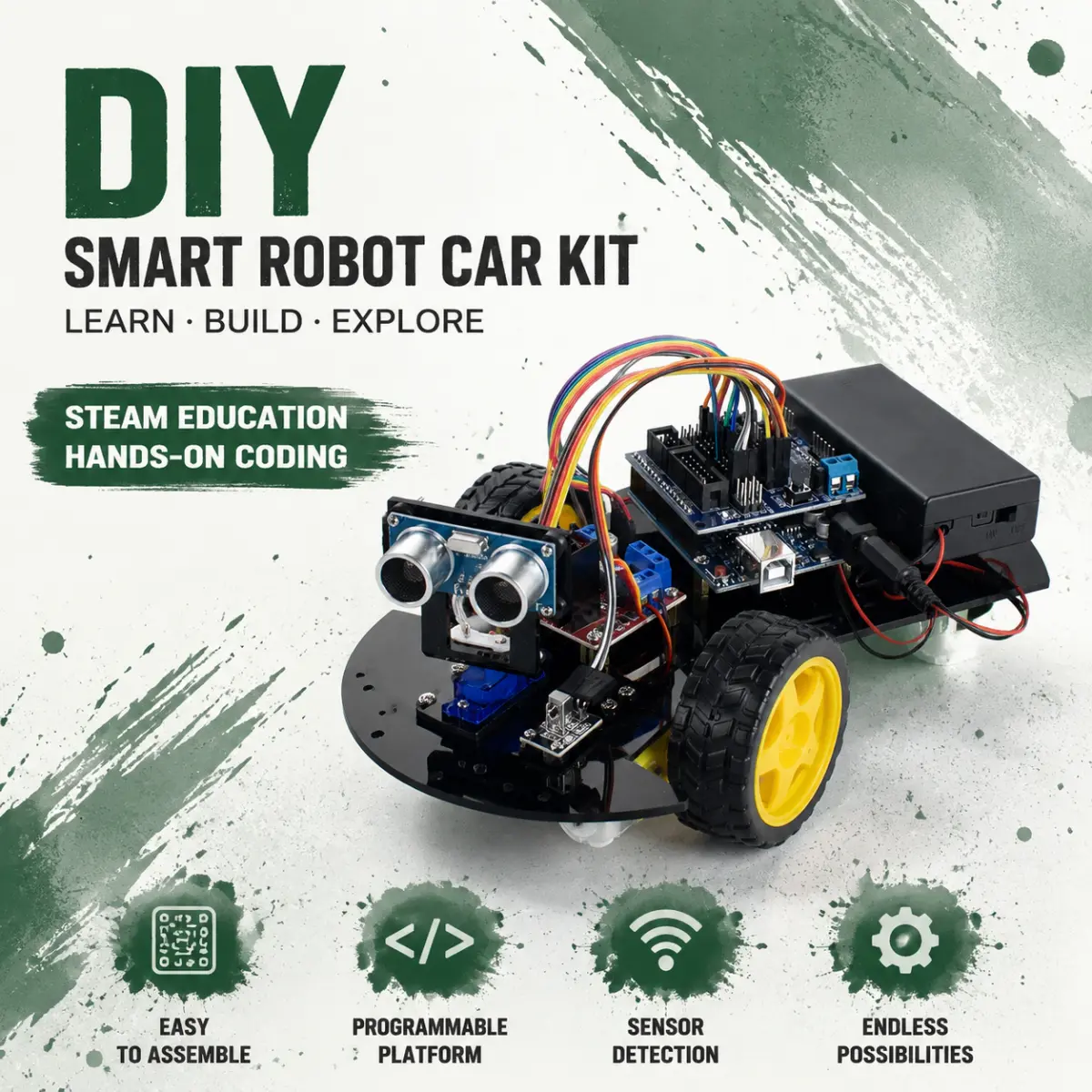 Complete 2WD Arduino Robot Car Kit – Build, Code, and Play! Includes Ultrasonic Sensor, IR Remote, Motor Driver & Step-by-Step Tutorial for STEM Learning