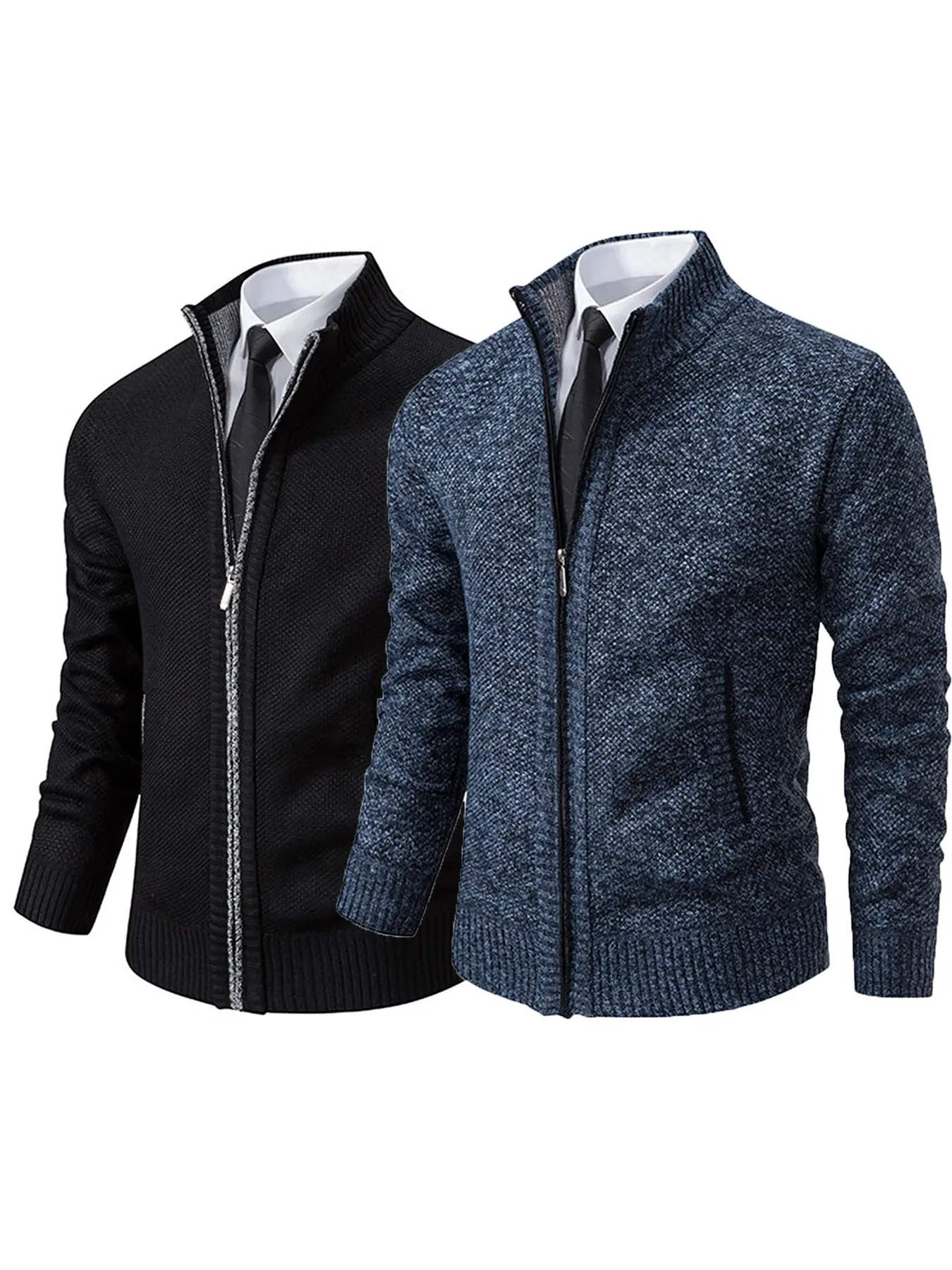 2-Pack Men's Fall Winter Stand Collar Knit Cardigan, High-Quality Textured Fabric, Zip Closure, Fleece Lining, Casual Style