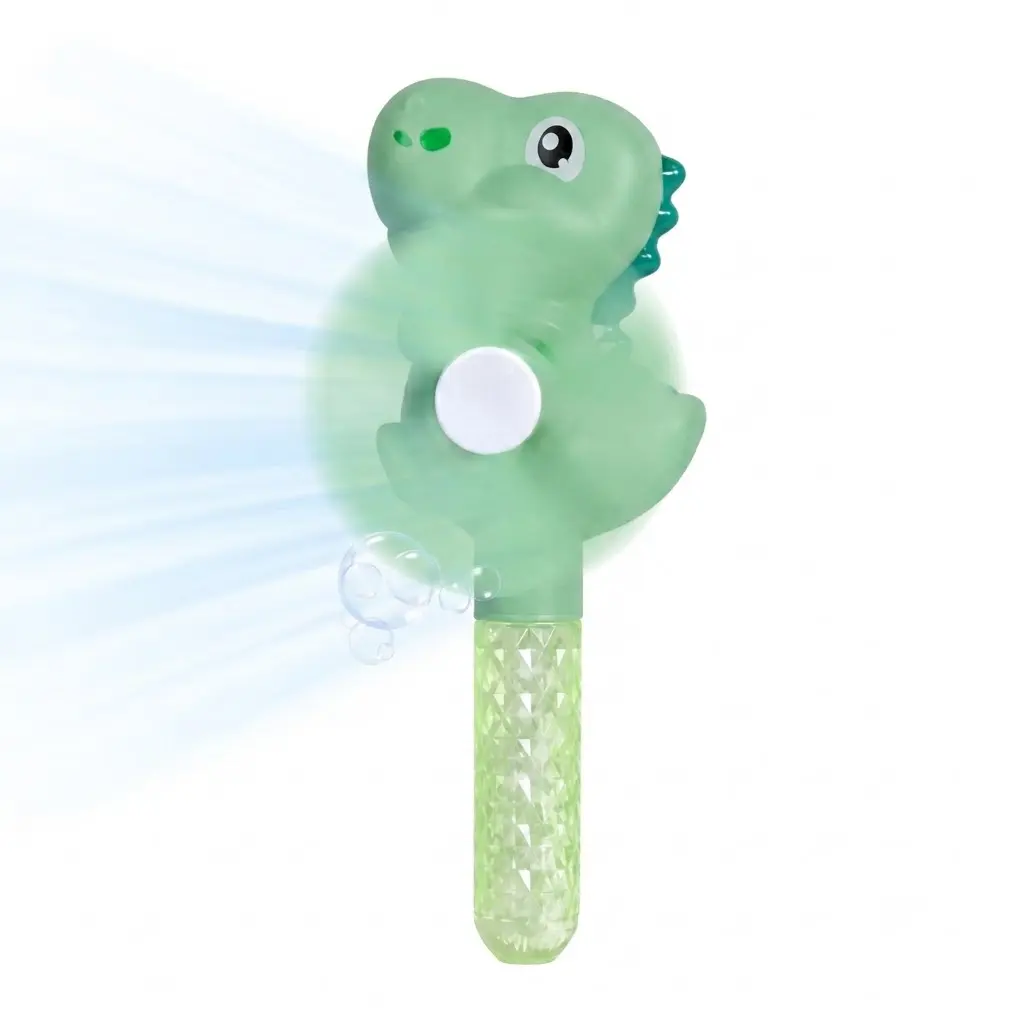 2-in-1 Dinosaur Handheld Mini Fan with Manual Hand-Press Soap Bubble Wand, Battery-Free Portable Dino Toy for Kids Summer Party Favors