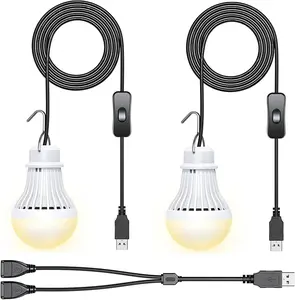 2 Pack USB LED Camping Lantern, 8.2 ft Extra Length Cord Tent Light with USB Y-Cable, Portable LED Bulb for Garage, Warehouse, Car, Truck, Fishing Boat, Room, Emergency Light, Warm