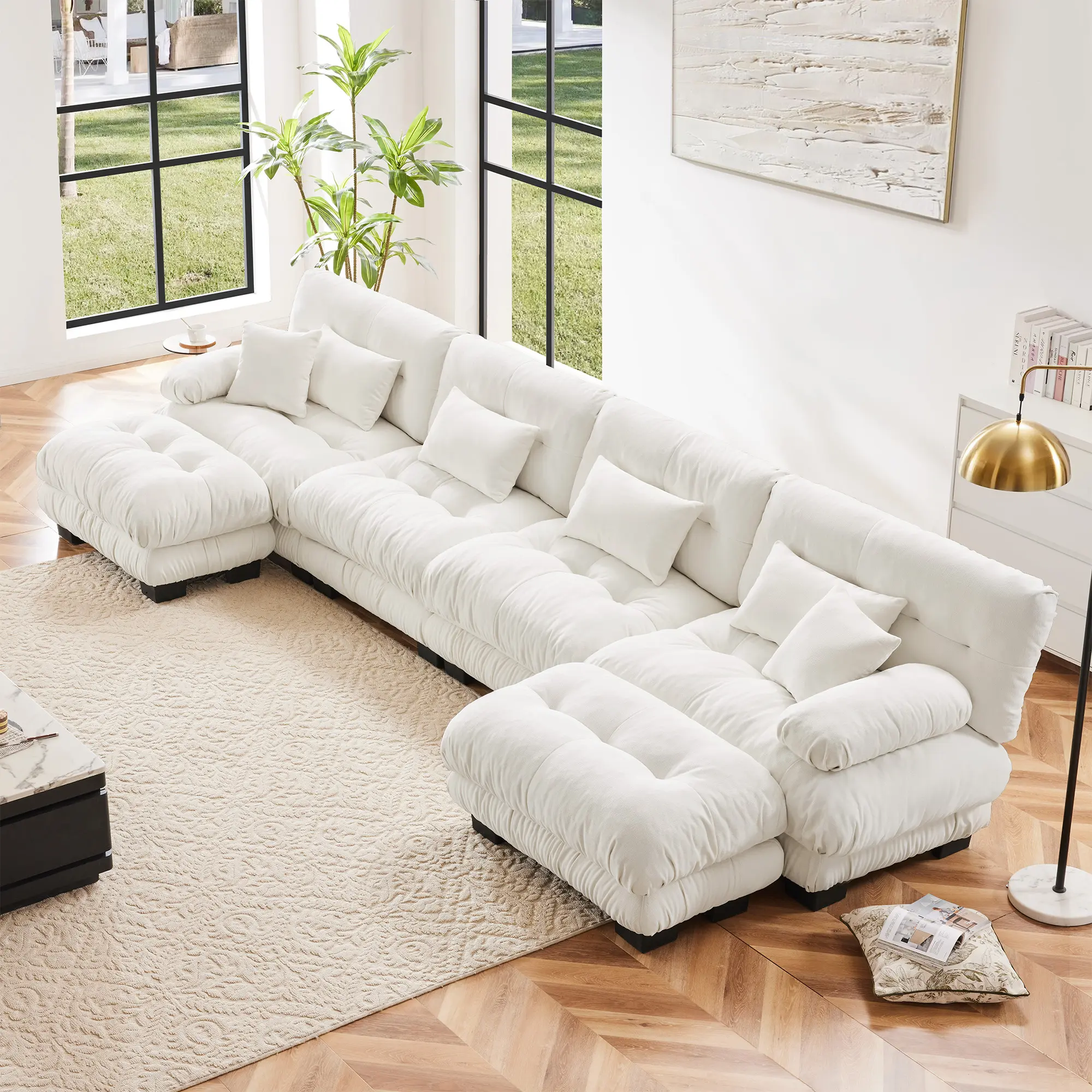 【Sub 4 packages】Niccae Free Combination Modular Sectional Sofa,U Shaped Couch for Living Room, 4-Seater Comfy Cloud Couch with 2 Ottomans, Chenille White
