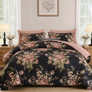 7Pieces Black Pink Floral Comforter Set King Size, Soft Microfiber Pink Bed in a Bag Comforter Set with Sheets for All Season