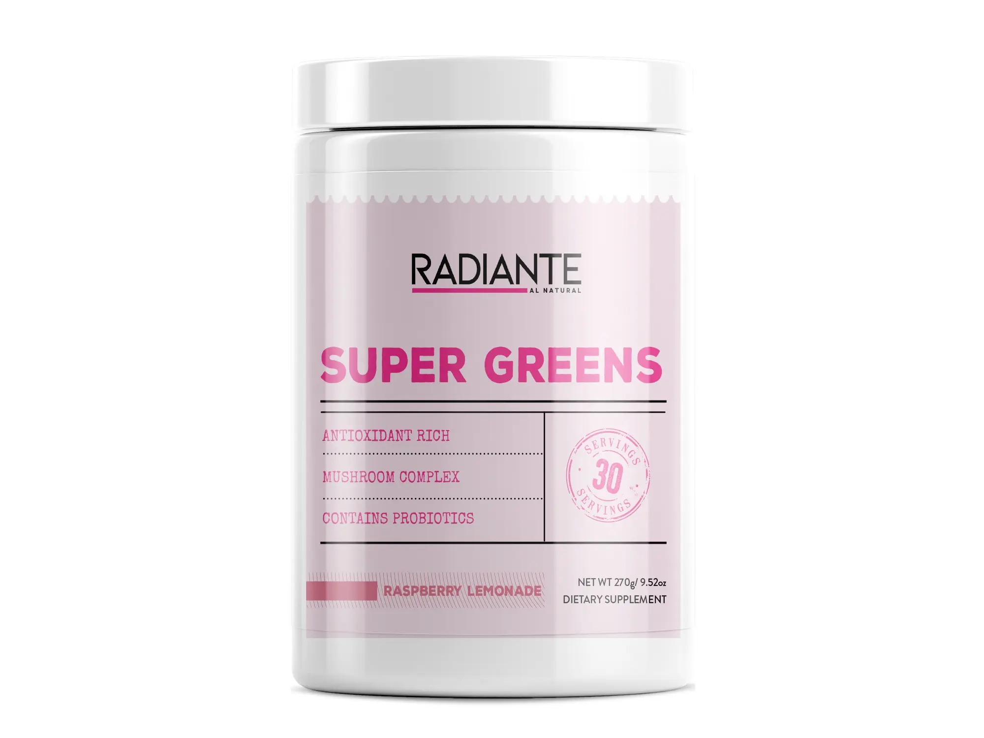 Radianté Super Greens Antioxidant-Rich Mushroom Complex with Probiotics Raspberry Lemonade Flavor 30 Servings US