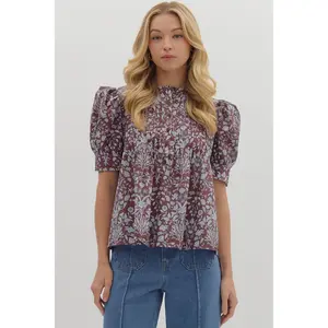 Harper Smocked Puff-Sleeve Top — Brown