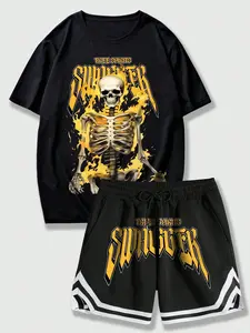 Hardcore Grunge Graphic Tee & Shorts Set, Cyber Goth Skeleton Print Oversized Tracksuit, Gothic Lettering Swagger Outfits for Men, Premium Weight Streetwear Co-ord for Gym & Daily Wear
