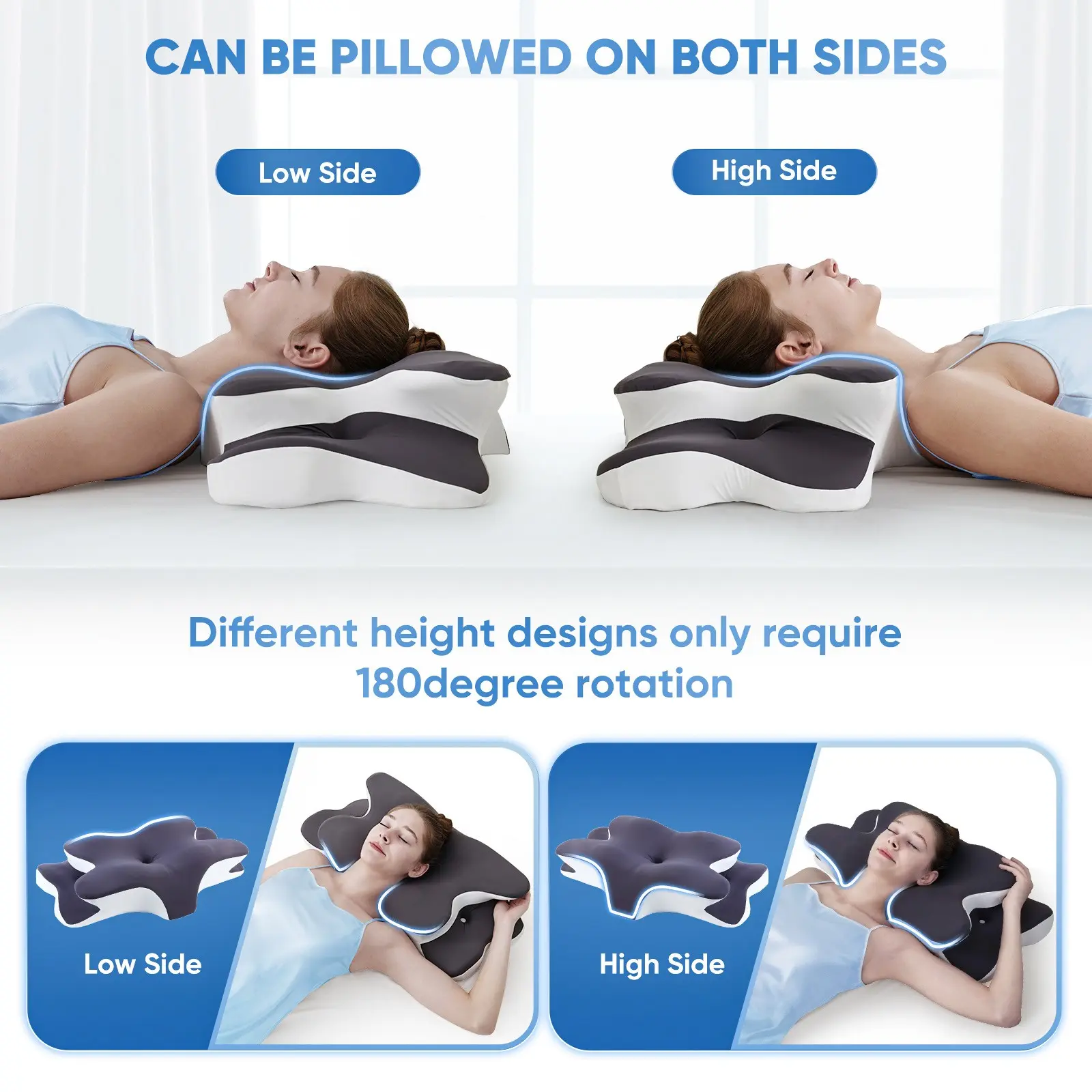 Pillow showing lower and higher contoured sides