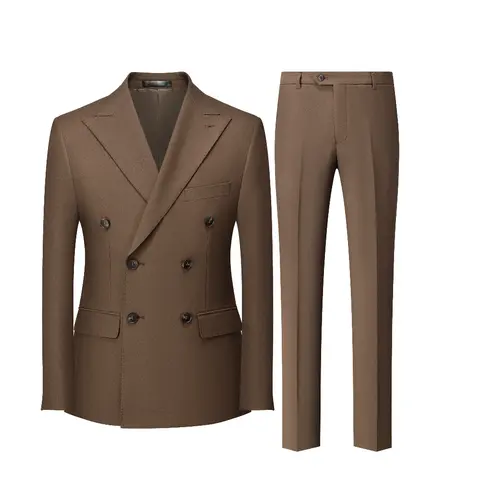 Men's 2-Piece Brown Double-Breasted Slim-Fit Suit Set - Tuxedo Jacket, Dress Pants with Pocket for Wedding, Business, Aesthetic Menswear Pairing with Loafers, Formal Wear
