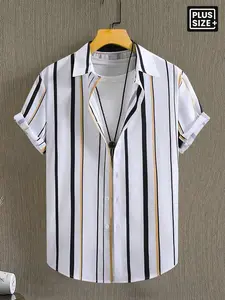 Summer Men's Plus Size Short Sleeve Striped Button Down Shirt, Black White Gold Color Block Casual Business Shirt, Big & Tall for Office, Vacation, Daily Wear