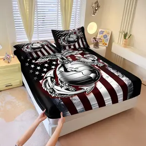 3Pcs Military-Themed Fitted Sheet Set, U.S. Marine Corps Eagle and Flag Graphic Print, Durable and Soft Fabric, Ideal for Patriotic Home Decor and Unique Bedroom Style. Includes 2 Pillowcases, No Pillow Core