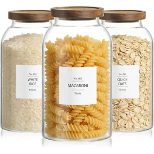 88oz Large Glass Storage Jars with Airtight Acacia Lid and 126 Kitchen Pantry Labels Set of 3, Clear  Storage Containers for Rice, Pasta, Oats, Cookies and Dry