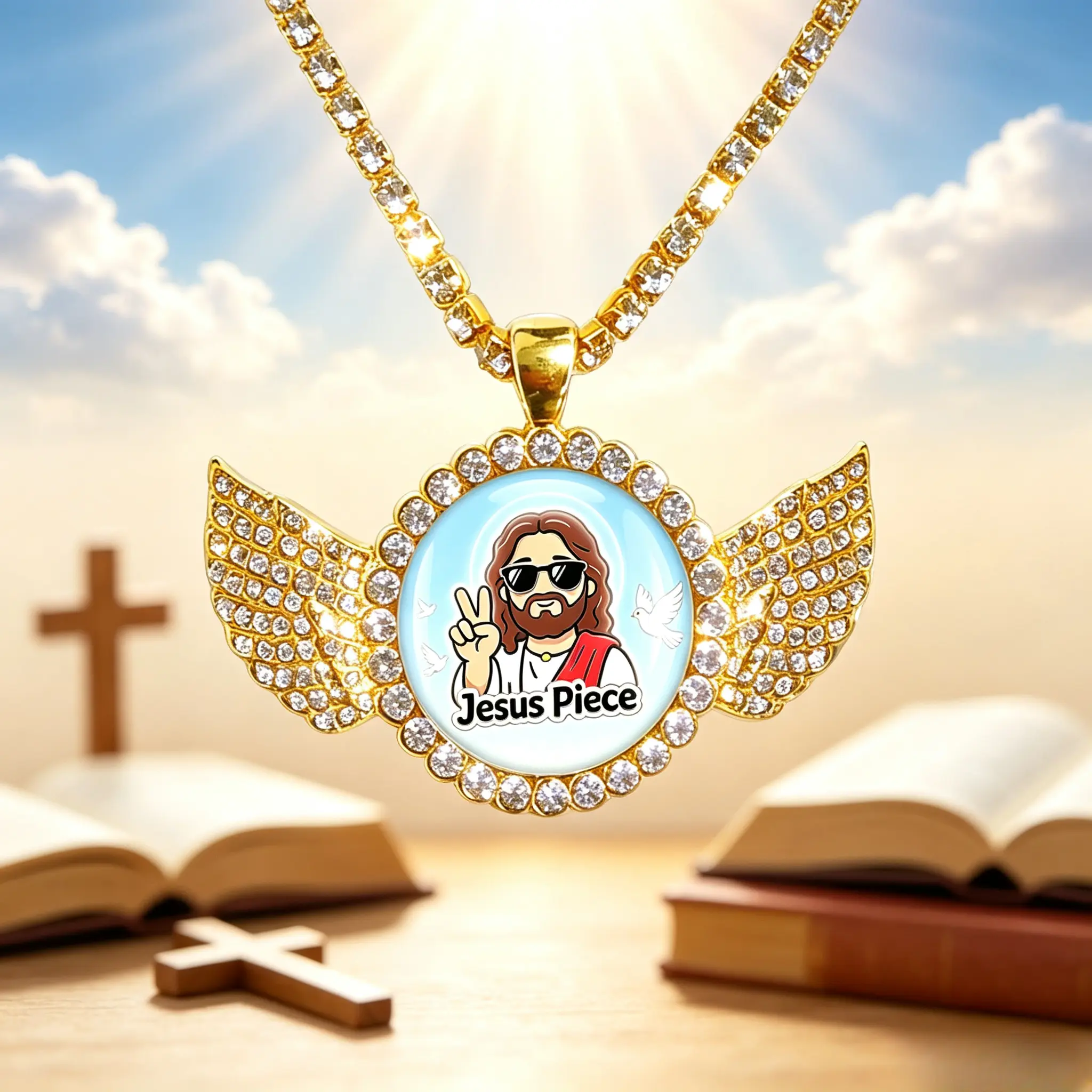 14K Gold Plated Casual Cartoon Jesus Charm Necklace, Original Design Cute Gesture Pendant, Bling Drippy Tennis Chain, Love & Good-Luck Amulet, Sunday-School Religious Statement Jewelry Accessory