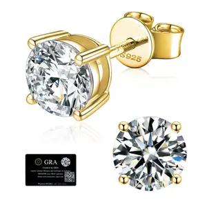 BOYA 14K Gold Plating S925 Sterling Silver D Color VVS Synthetic Moissanite Stud Four Prongs Earrings Butterfly back Perfect for Any Occasion & Everyday Wear Birthday Wedding Anniversary Mother's Day Christmas Gift for Men Women