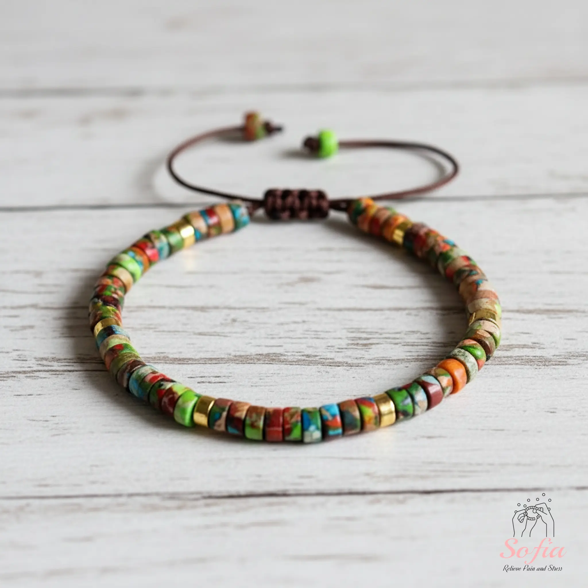 Sofia Natural Floral Jasper Stone Bracelet Healing Crystal Barrel Gemstone Braided Dainty Handmade Minimalist Style for Daily Use Gift for Her Him