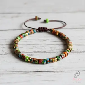 Sofia Natural Floral Jasper Stone Bracelet Healing Crystal Barrel Gemstone Braided Dainty Handmade Minimalist Style for Daily Use Gift for Her Him