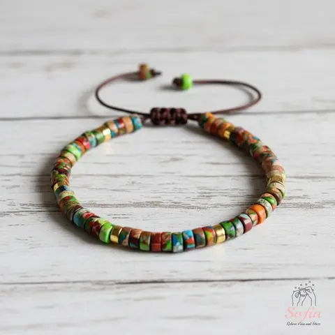 Sofia Natural Floral Jasper Healing Crystal Barrel Gemstone Bracelet - Handmade Dainty Braided High Quality Bracelet for Adults, Unisex Sofiadesignsboutique Piece, Minimalist Daily Wear for Any Outfit, Expressing Unique Style
