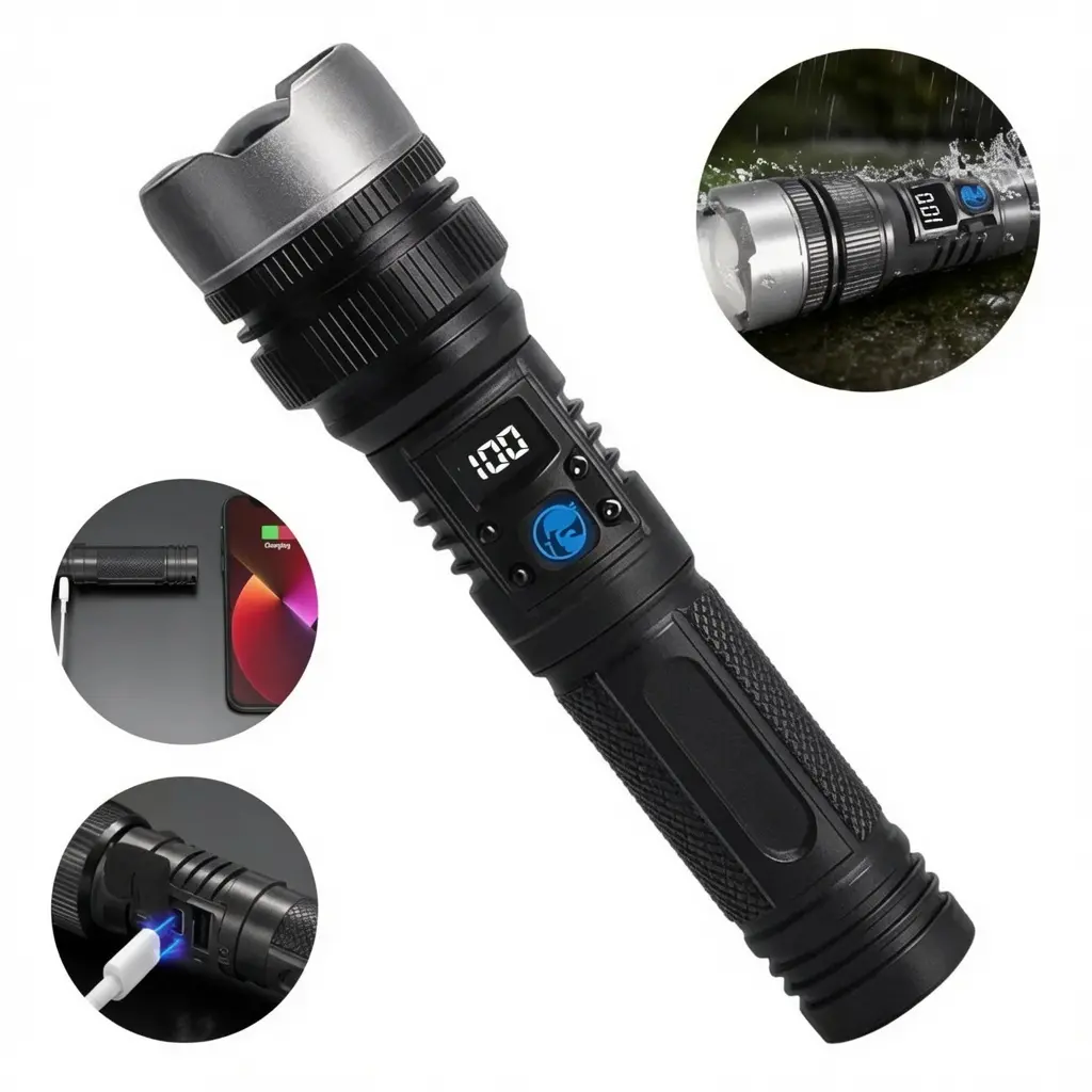 2-in-1 Rechargeable Flashlight + Power Bank,  500 Lumen, Zoomable Beam LED Digital Power Display 3 Modes Pocket Waterproof Flashlight for Camping Hiking Home