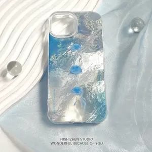 blue jellyfish Phone Case for use with iphone 17 air 16 pro max 15 plus 14 pro 13/12/11 X/XS XSMAX artistic fresh aesthetic trendy phone cases holographic luxury phone case Y2K water glitter