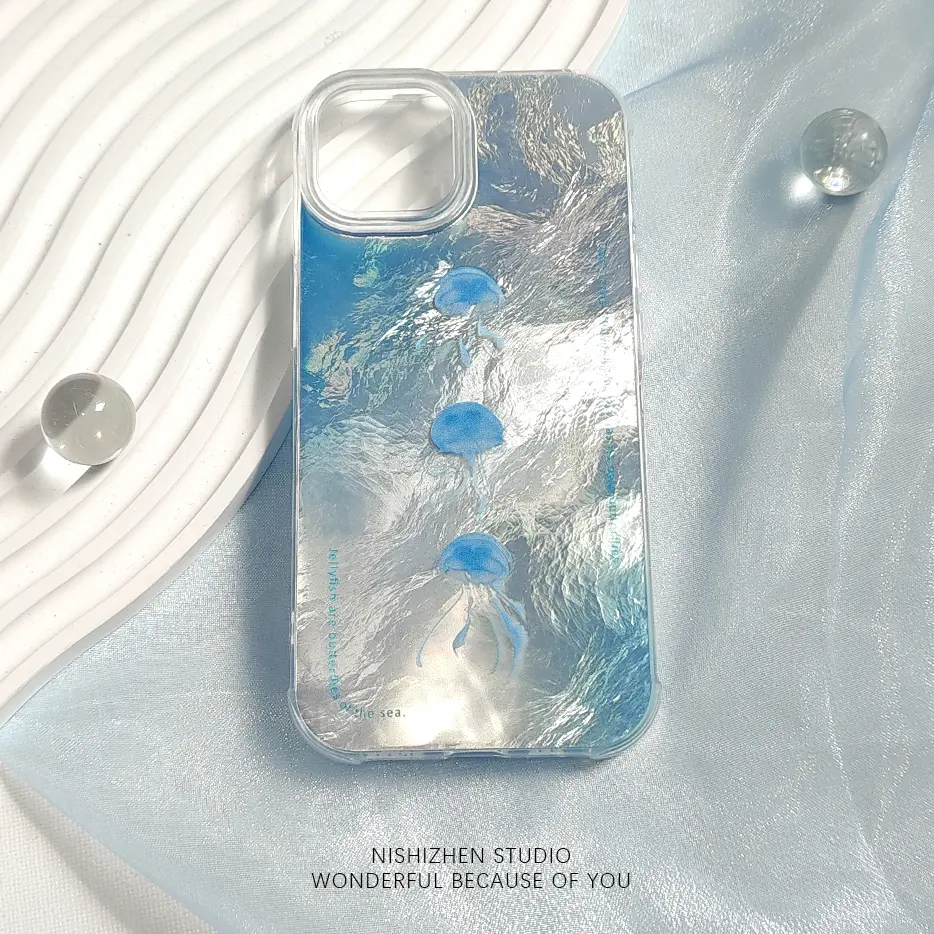 blue jellyfish Phone Case for use with iphone 17 air 16 pro max 15 plus 14  pro 13/12/11 X/XS XSMAX artistic fresh aesthetic trendy phone cases  holographic luxury phone case Y2K water glitter - TikTok Shop
