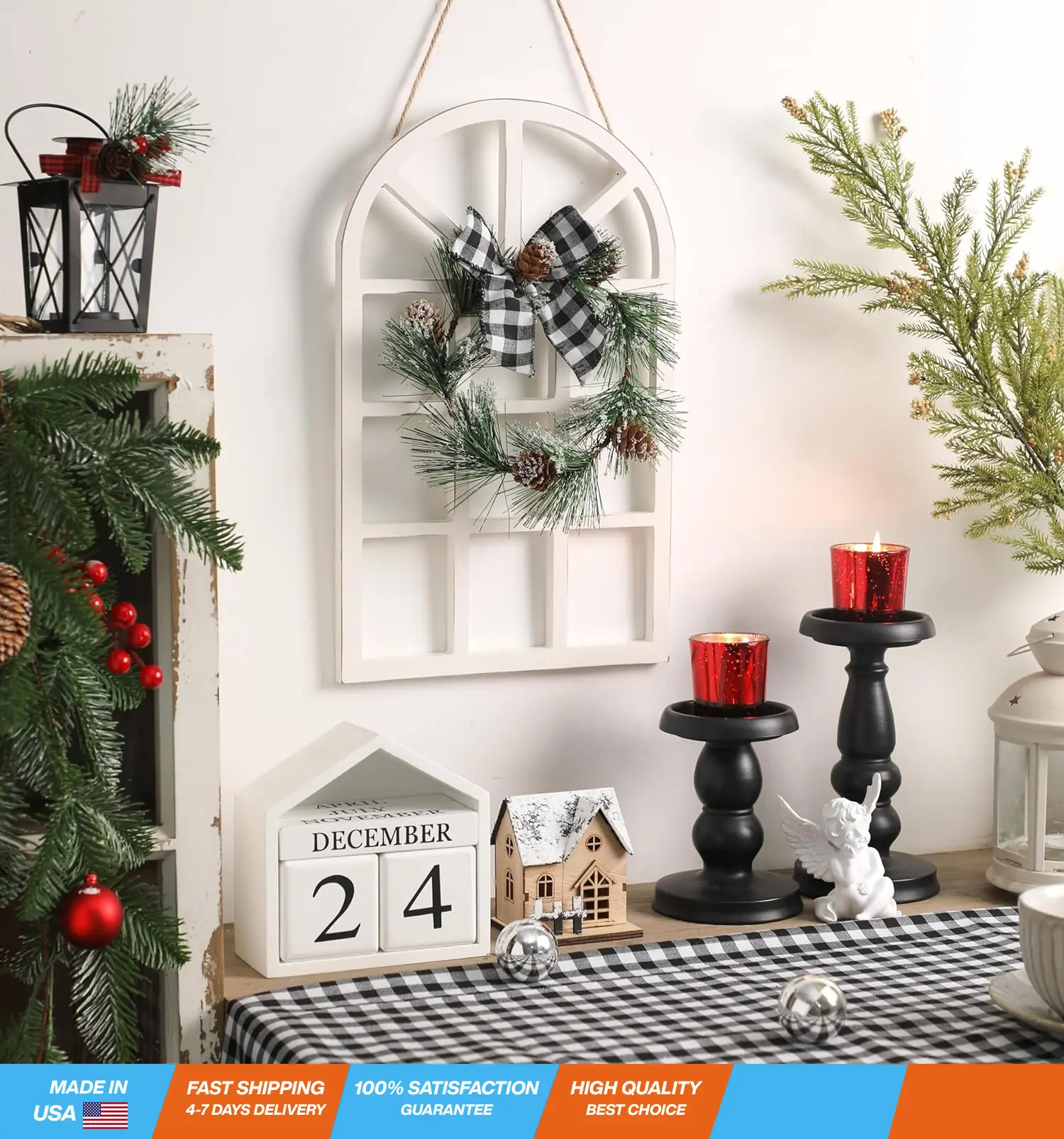 Wood Christmas Holiday Wall Hanging Indoor Outdoor Decorations Rustic Winter Christmas Window Plaque Signs Wooden Arch with Wreath Christmas Home Party (Black-White)