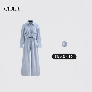 Cider [size 2-10] Cotton-blend Collar Solid Striped Knotted Roll-up Sleeve Jumpsuit