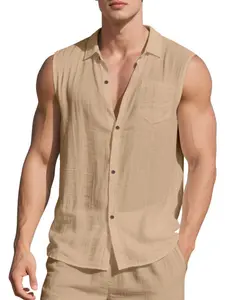 Men's Solid Button Front Shirt, Casual Breathable Sleeveless Top for Summer, Fashion Men's Clothes for Daily Wear