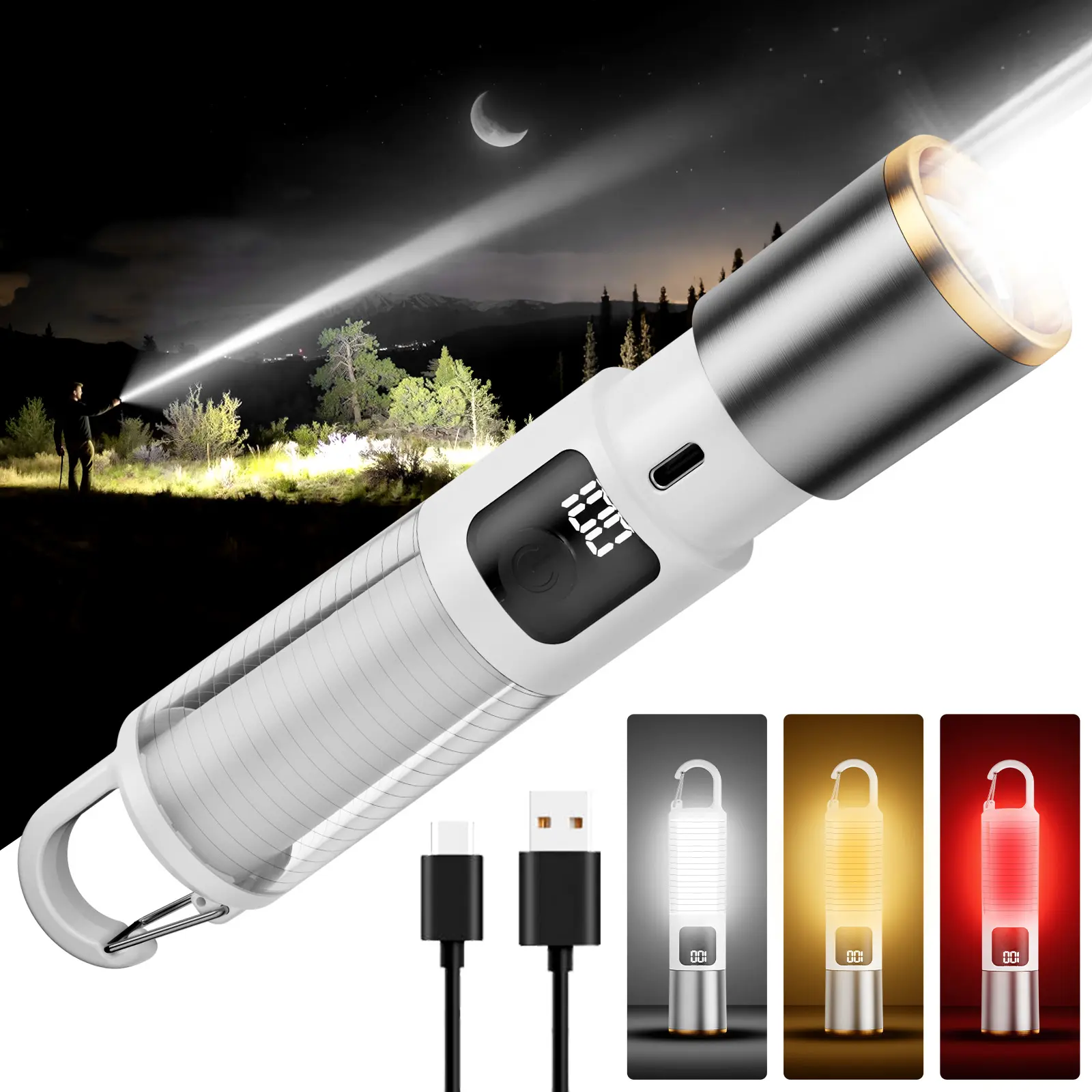 SKYFIRE 2154 LED Super Bright Rechargeable Tactical Camping Flashlight Battery Powered Adjustable Focus Zoom  7 Brightness Portable Hanging  Power Outage / Emergency Outdoor / Camping / Hiking Home solar light outdoors Summervibes#Summervibes