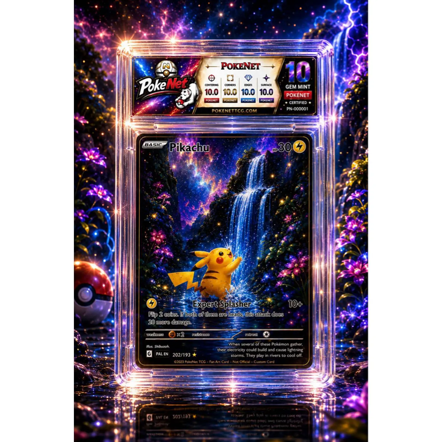 PokeNet Pikachu Fan Art Display Slab with Magical Nighttime Waterfall Scene Glowing Flowers Cosmic Skies Vibrant Electric Details Unofficial Collectible