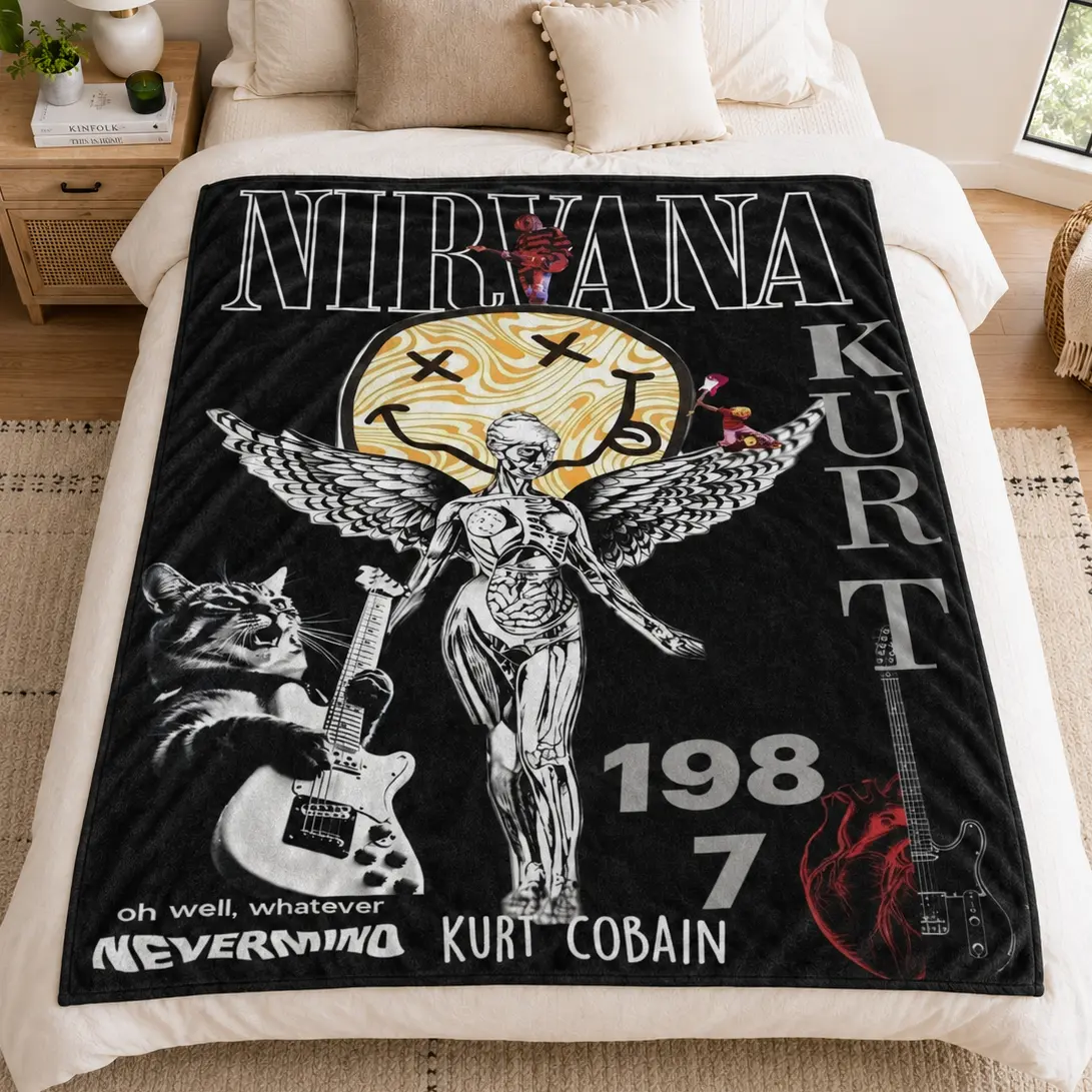 Vintage Nirvana Rock Band Flannel Throw Blanket, Grunge Angel Graphic Soft Cozy Fleece Couch Blanket, Trendy 90s Music Room Aesthetic Decor