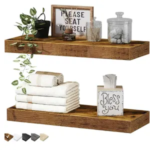Bathroom Floating Shelves for Wall - 16 x 7 inch Wall Mounted Shelf Over Toilet Farmhouse Decor Small Set of 2, Rustic Brown (008-40BN)