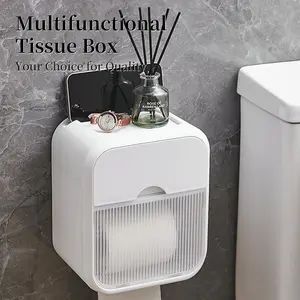 Wall Mounted Toilet Paper Holder with Shelf & Drawer, Waterproof Bathroom Tissue Box Organizer, No-Drill Installation, Multifunctional Home Bathroom Supply