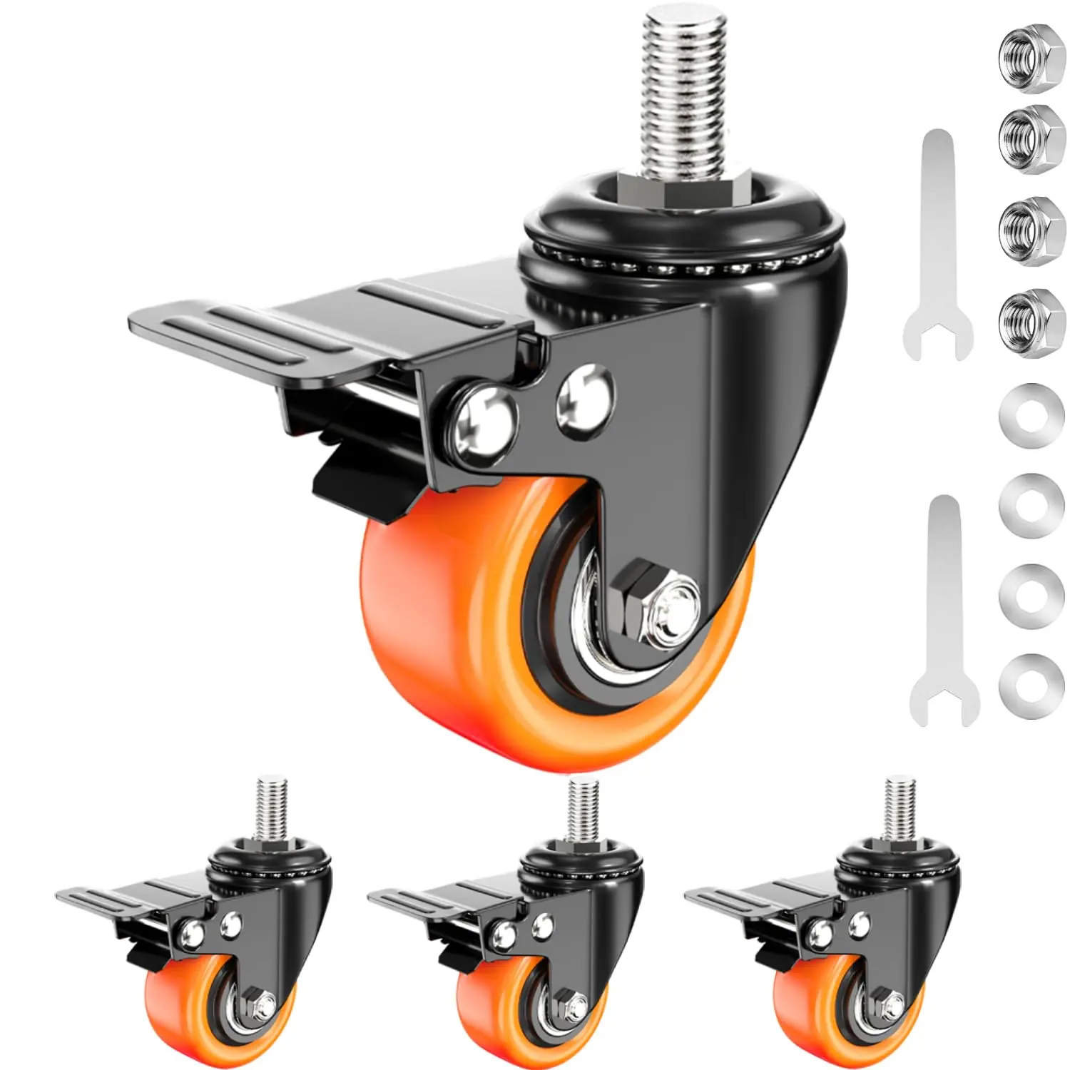 Caster Wheels Heavy Duty 2 Inch Stem Caster 1/2"-13 x 1(Stem Diameter 1/2", Stem Length 1"), Safety Locking Caster Set of 4, Industrial Castor Wheels for Cart,Furniture