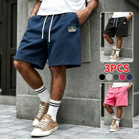 3-pcs men’s soft athletic shorts made from a soft (cotton-containing) fabric, featuring an elastic waistband, white drawstring, side pockets, and a loose, casual fit; can be paired with T-shirts, tank tops, and canvas shoes, suitable for summer wear.