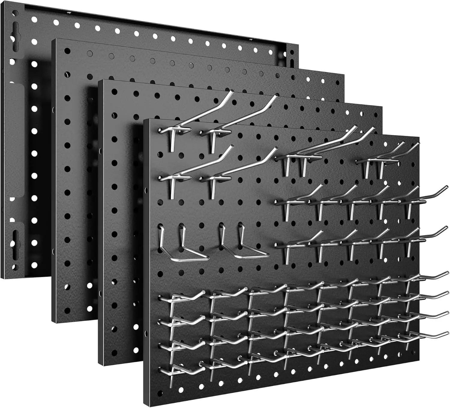 Spampur Peg Board, 4 Pack Metal Pegboard Panels with 50 Hooks, Black Pegboards Wall Organizer, Heavy Duty Peg Board for Walls Home, Garage Tool Storage, Office Organization, Craft Room, Kitchen