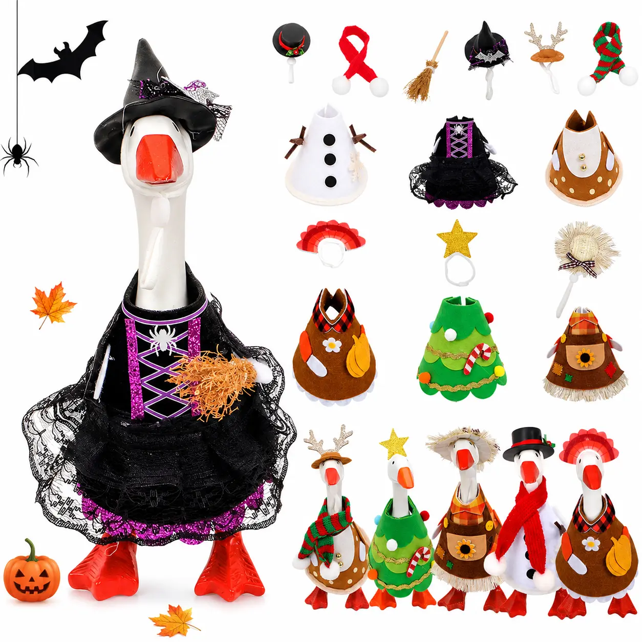 7 Inch Mini Magnetic Desk Goose Statue Detachable Knitted Felt Seasonal Outfit Set Holiday Costume Decor Desktop Ornament Key Holder for Halloween Thanksgiving Christmas