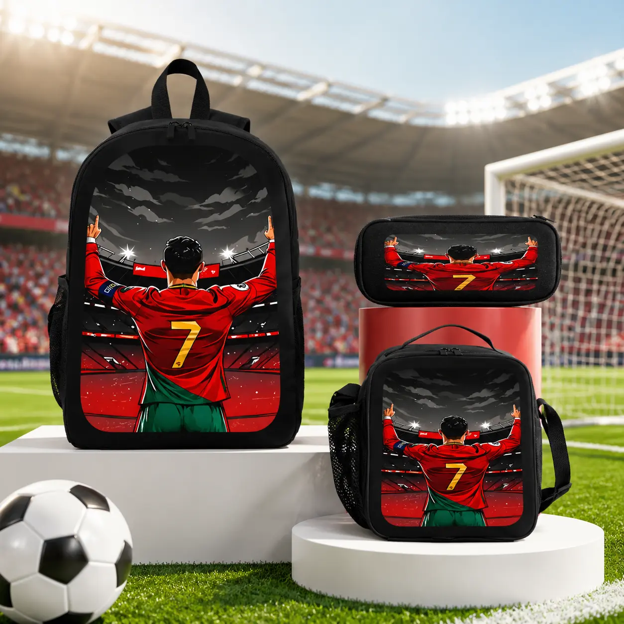 CR7 Soccer Backpack Set 3PCS 17 Inch Backpack Lunch Bag Pencil Case Sports Bookbag for Students Backpacks for School Backpacks for Women Men Travel Casual Backpack Set Football Gift Idea Trendy Student Backpack