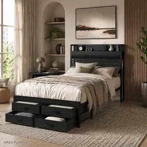 Minimalist Modern Twin Size ARCH Black Metal Platform Bed Frame with Headboard, LED Lights, Storage Drawers, No Box Spring Needed, Modern Platform Bed, Minimalist Platform Bed