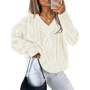 ZESICA Women's Fall Oversized Sweaters 2026 Casual Long Sleeve V Neck Cable Knit Trendy Pullover Tops