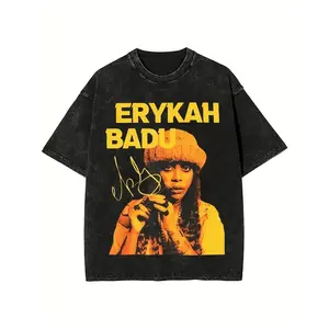 Unisex Washed Distressed Short‑Sleeve T‑Shirt Wash With Water To Do The Old Craft!Erykah Badu Character Printed T-Shirt, Retro Soul Singer Element, Full Of Street .