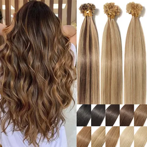100 Strands Keratin U-Tip Human Hair Extensions - Invisible & Soft Straight Remy Human Hair for Women Natural Black, Brown, Blonde - 50G