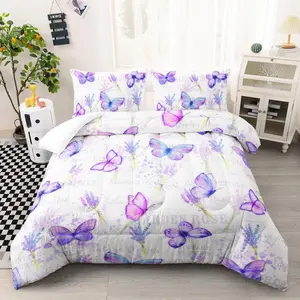 Butterfly Comforter Set Twin Size for Girls Kids Adults Lavender Flowers Pattern Bedding Set Aesthetics Butterflies Bed Set with 1 Comforter and 2 Pillowcases