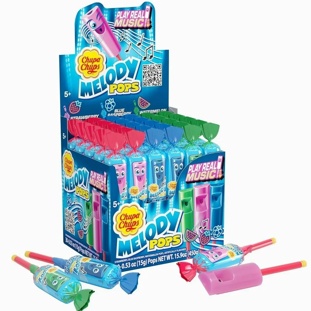 Chupa Chups Melody Pop Whistle Lollipops, Individually Wrapped Candy for Kids, Assorted Flavors, Fun Candy Suckers, Party Favor & Goodie Bags Stuffer for Kids Birthday, 30 Count
