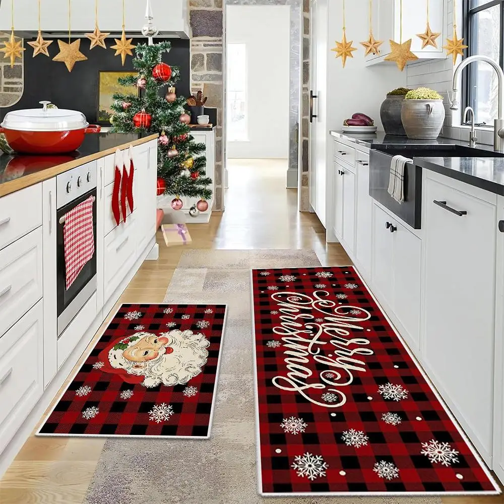 Christmas Themed Kitchen Mat, 2 Counts/set Xmas Non-slip Kitchen Rug, Indoor Mat, Holiday Decoration for Home, House Decor