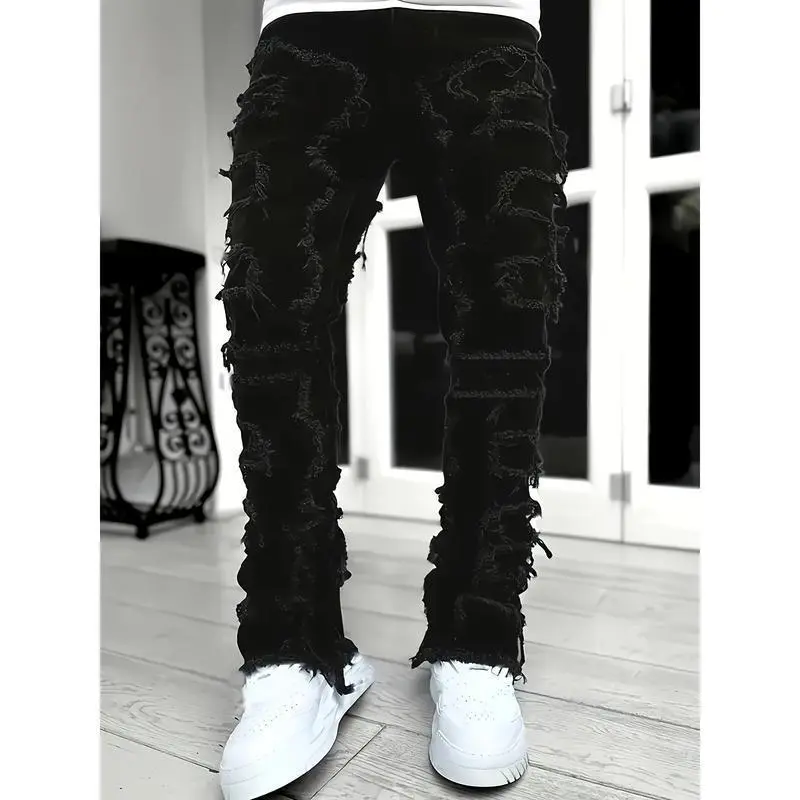 Mens Fashionable Straight Leg Tassel Jeans - Medium Stretch, Casual Street Style, Hip Hop Barrel Design, Comfortable Fit for All Seasons