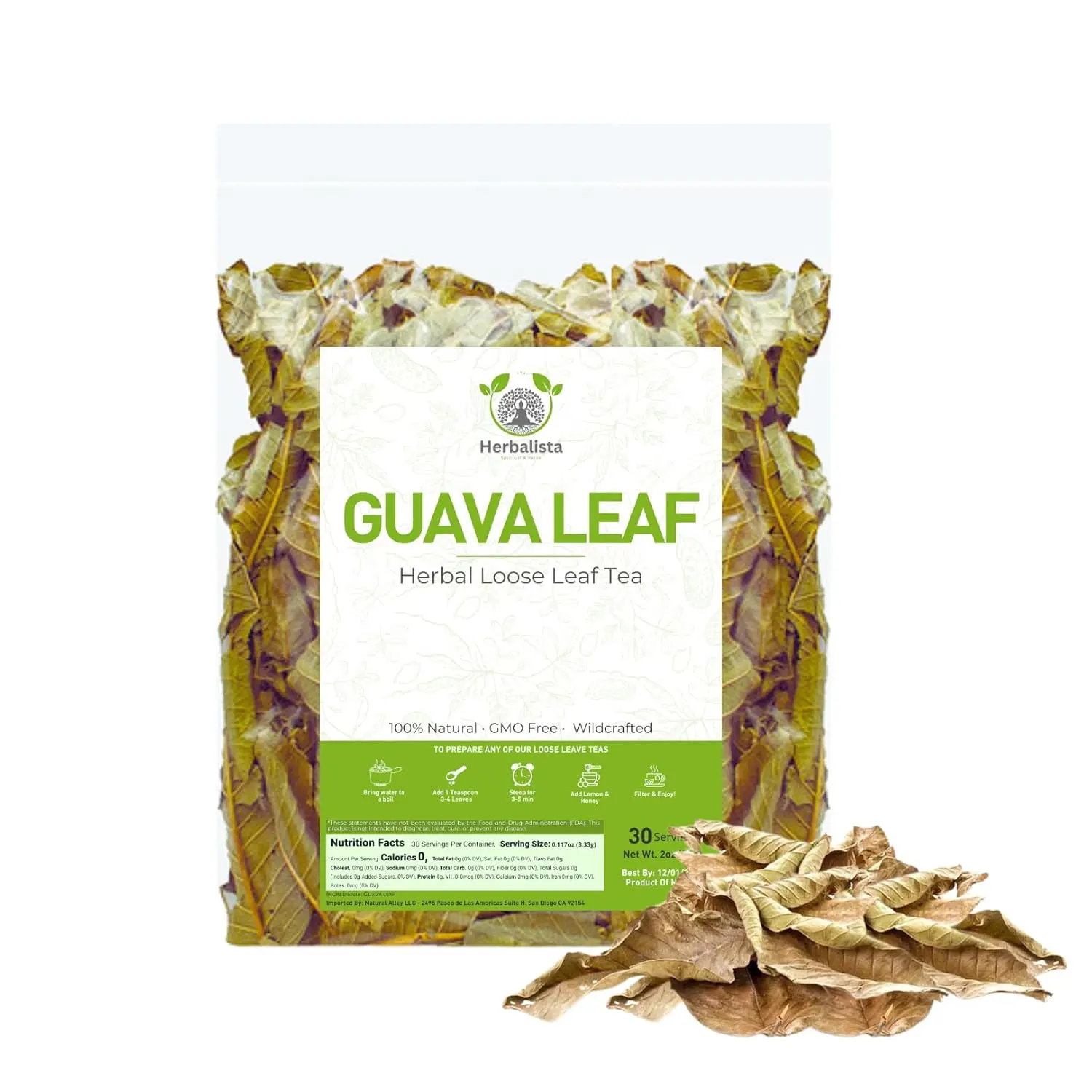 Herbalista - Té de hoja de guayaba entera silvestre | 2 oz (57 g), 20-30 hojas para 15-20 tazas | Té de guayaba de hojas sueltas puro y natural | Seleccionado a mano, sin OMG, sin cafeína | Te Hojas de Guayaba Enteras