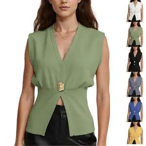 WoodBerry Women's Deep V-Neck Vest Tops Knit Cadigan Button Down Sleeveless Outerwear Summer Top with Metallic Gold Button Elastic Waist