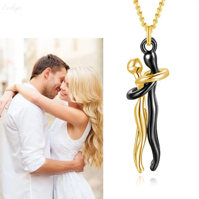 Stainless Steel Hugging Couple Pendant Necklace - Multi-Tone Abstract Figurine Charm, Tarnish-Free Costume Jewelry, Romance Theme Accessory for Everyday Wear, Romantic Occasions, Romance Theme Necklaces, Costume Necklaces