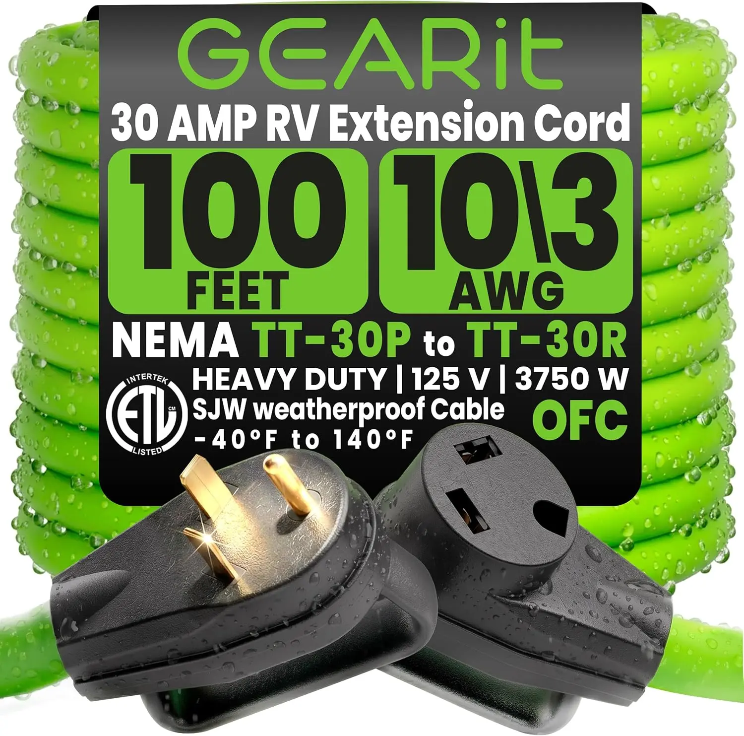 GEARit 100 Ft 30 Amp RV Extension Cord, NEMA TT-30 30amp RV Cord 10/3 STW Heavy Duty Waterproof 3 Prong 125V 3750W Power Cord for RV Camper Travel Trailer Motorhome GEARit 100 Ft 30 Amp RV Extension Cord, NEMA TT-30 30amp RV Cord 10/3 STW Heavy Duty Waterproof 3 Prong 125V 3750W Power Cord for RV Camper Travel Trailer Motorhome